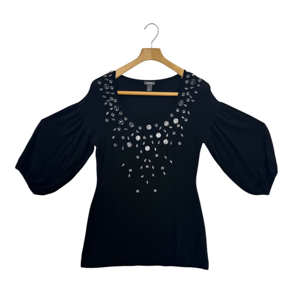 Kenneth Cole Reaction Black Embellished Scoop Neck Puff Sleeve Sweater Top M